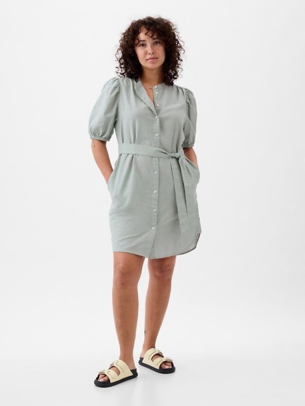 GAP Frothy Aqua Green Linen Cotton Blend Puff Sleeve Mini Shirt Dress, Size M T